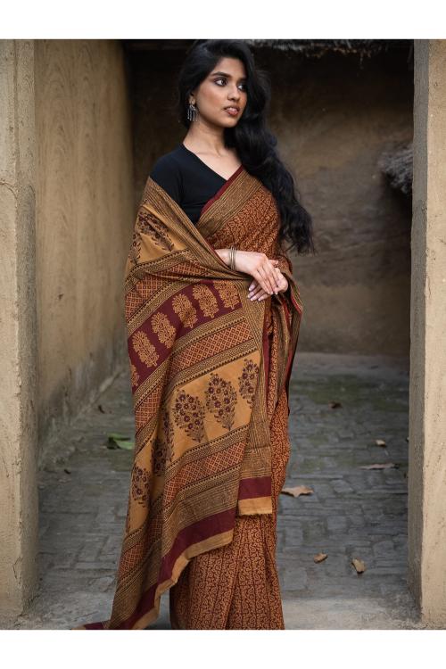 TICH Exclusive Bagh Hand Block Printed Cotton Saree - Intricate Paisleys - Image 4