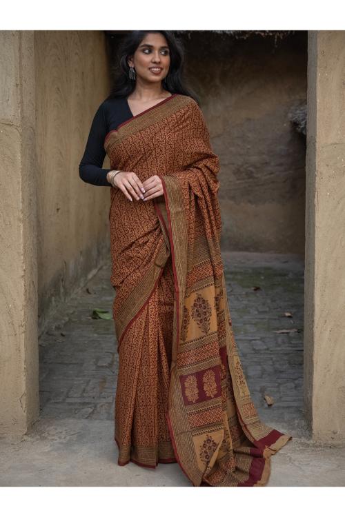 TICH Exclusive Bagh Hand Block Printed Cotton Saree - Intricate Paisleys - Image 8