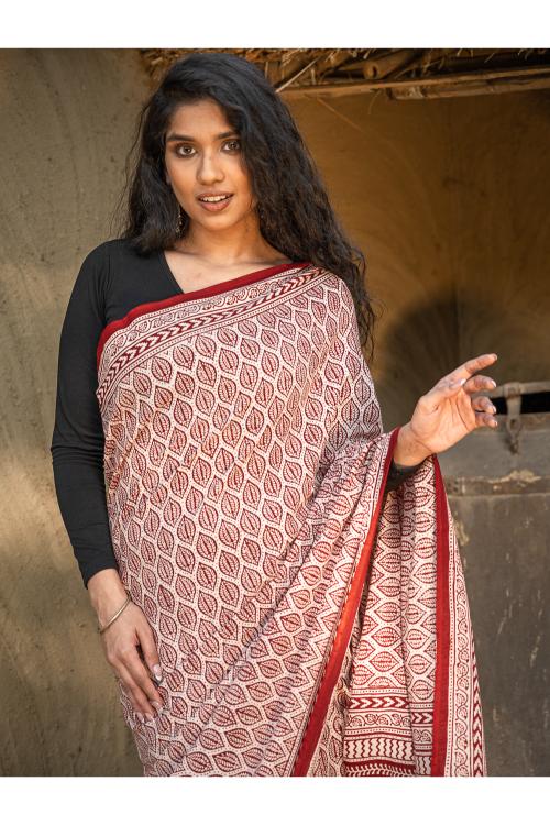 TICH Exclusive Bagh Hand Block Printed Cotton Saree - Leaf Ornate - Image 2