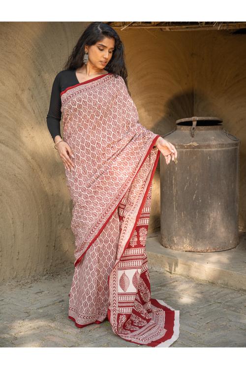 TICH Exclusive Bagh Hand Block Printed Cotton Saree - Leaf Ornate - Image 3