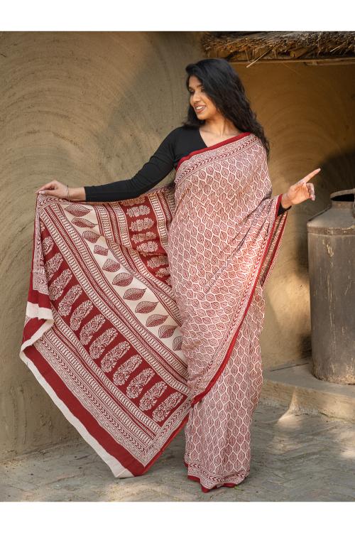 TICH Exclusive Bagh Hand Block Printed Cotton Saree - Leaf Ornate - Image 4