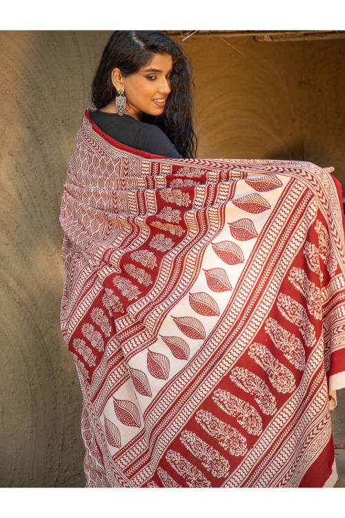 TICH Exclusive Bagh Hand Block Printed Cotton Saree - Leaf Ornate - Image 5