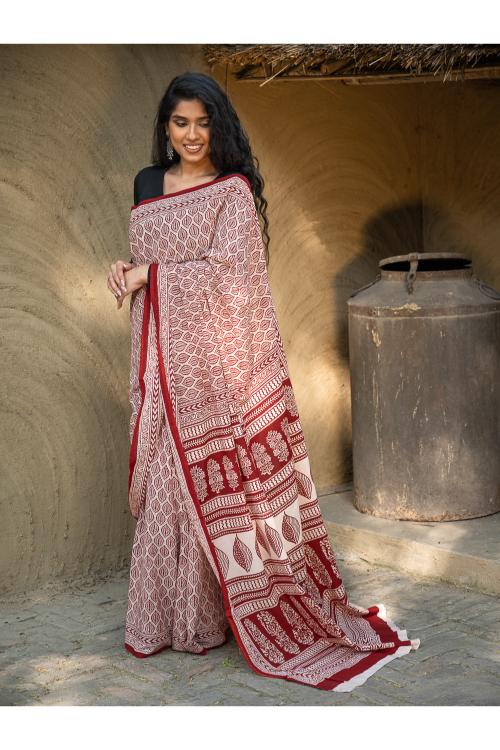 TICH Exclusive Bagh Hand Block Printed Cotton Saree - Leaf Ornate - Image 7