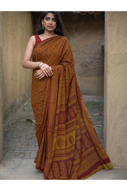 TICH Exclusive Bagh Hand Block Printed Cotton Saree - Ornate Leaf - Image 2