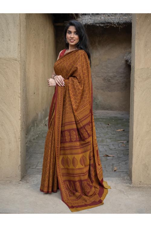 TICH Exclusive Bagh Hand Block Printed Cotton Saree - Ornate Leaf - Image 3