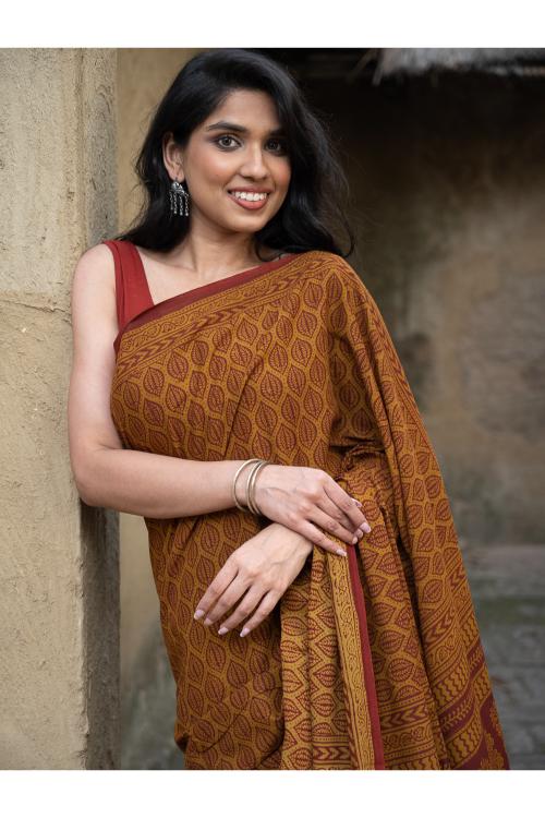 TICH Exclusive Bagh Hand Block Printed Cotton Saree - Ornate Leaf - Image 4