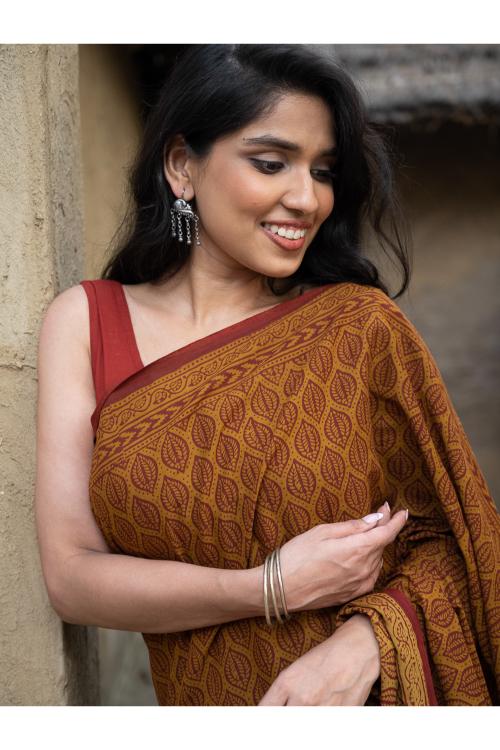 TICH Exclusive Bagh Hand Block Printed Cotton Saree - Ornate Leaf - Image 5