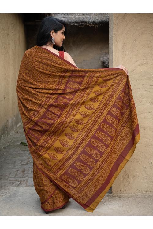 TICH Exclusive Bagh Hand Block Printed Cotton Saree - Ornate Leaf - Image 6
