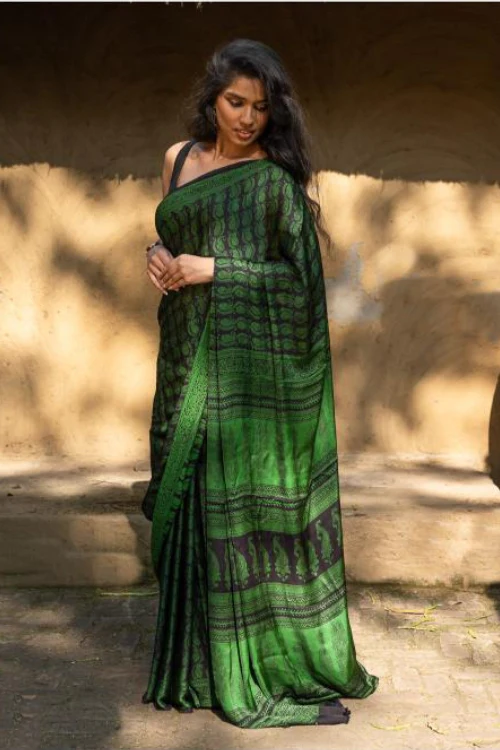 TICH Exclusive Bagh Hand Block Printed Cotton Saree - Paisley Vines