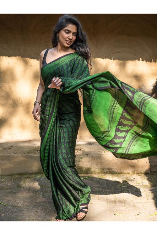 TICH Exclusive Bagh Hand Block Printed Cotton Saree - Paisley Vines - Image 5