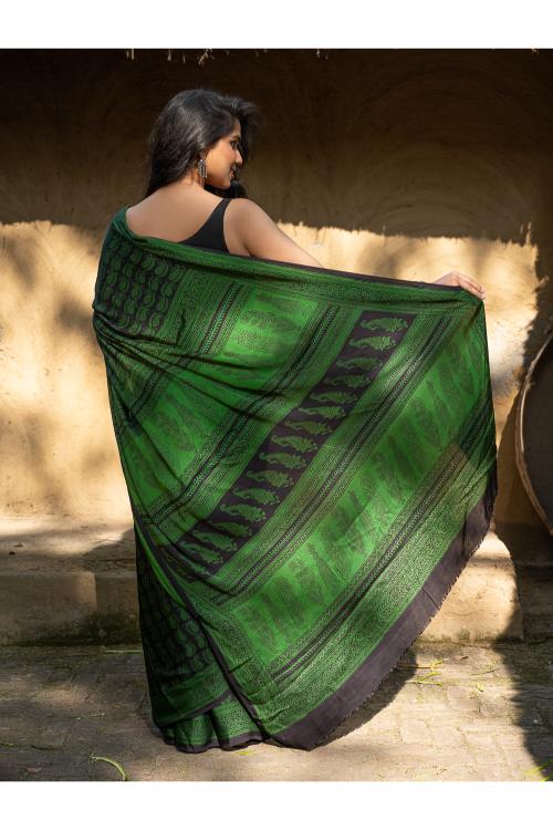 TICH Exclusive Bagh Hand Block Printed Cotton Saree - Paisley Vines - Image 7
