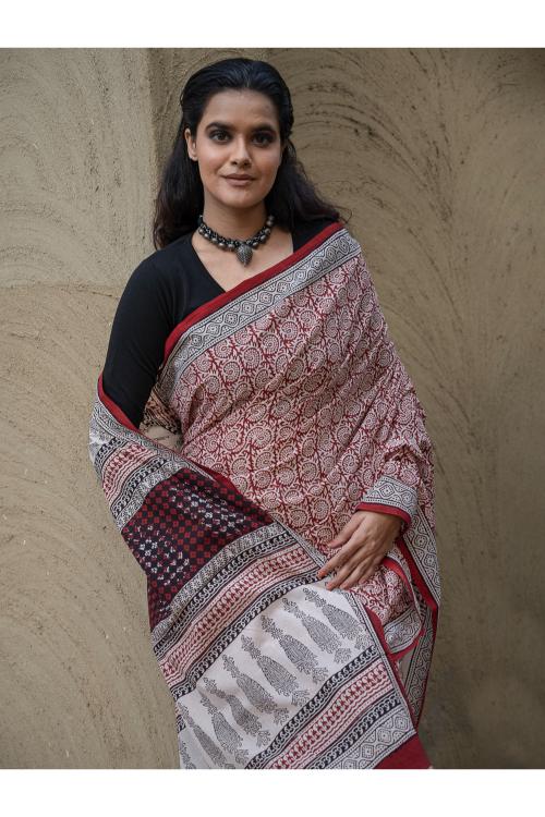 TICH Exclusive Bagh Hand Block Printed Cotton Saree - Red Floral - Image 4