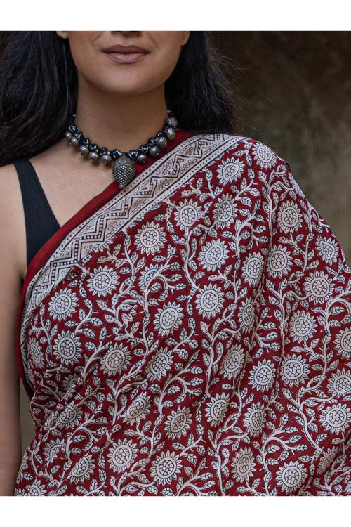 TICH Exclusive Bagh Hand Block Printed Cotton Saree - White Flowers - Image 7