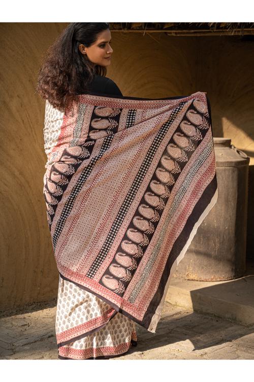 Exclusive Bagh Hand Block Printed Modal Satin Saree - Beige Florets - Image 11