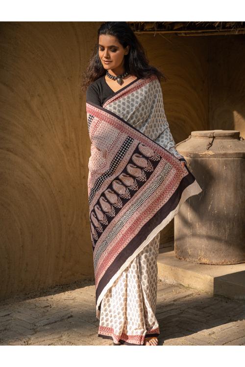 Exclusive Bagh Hand Block Printed Modal Satin Saree - Beige Florets - Image 12