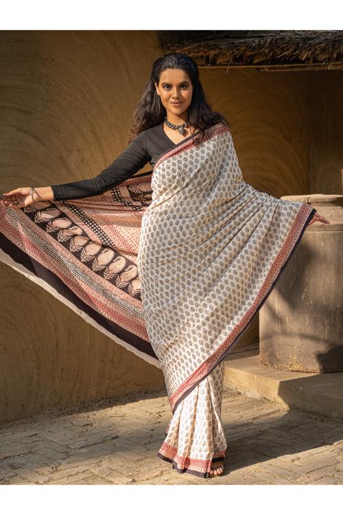 Exclusive Bagh Hand Block Printed Modal Satin Saree - Beige Florets - Image 13