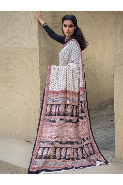 Exclusive Bagh Hand Block Printed Modal Satin Saree - Beige Florets - Image 5