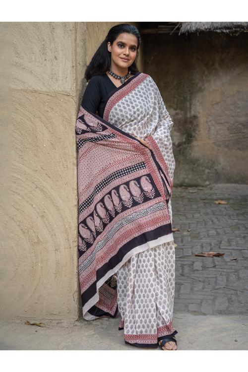 Exclusive Bagh Hand Block Printed Modal Satin Saree - Beige Florets - Image 6