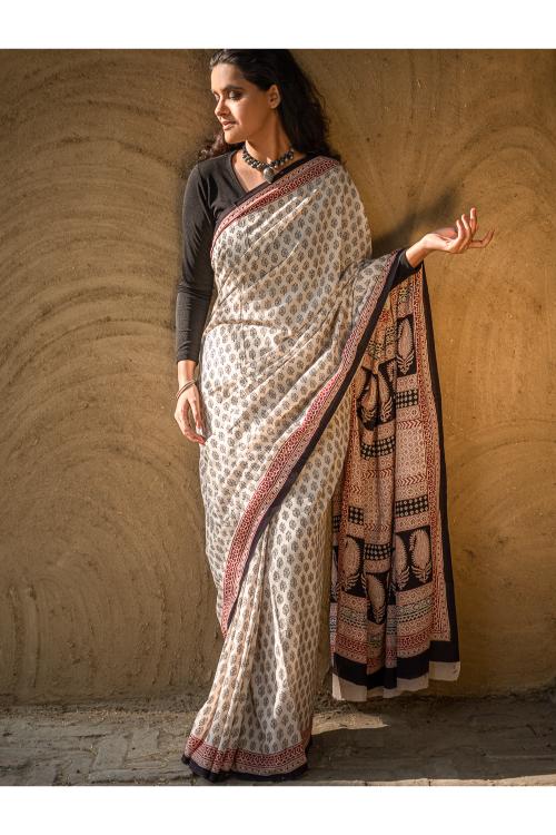 Exclusive Bagh Hand Block Printed Modal Satin Saree - Beige Florets - Image 8