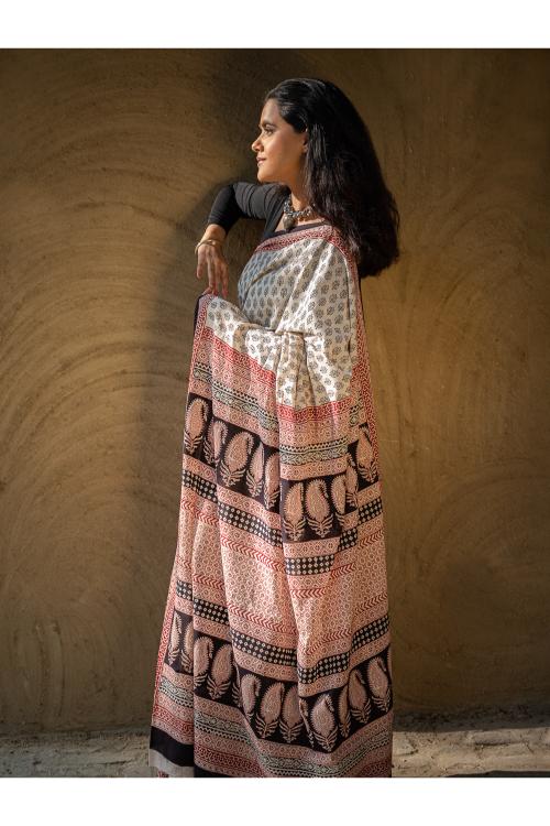 Exclusive Bagh Hand Block Printed Modal Satin Saree - Beige Florets - Image 9