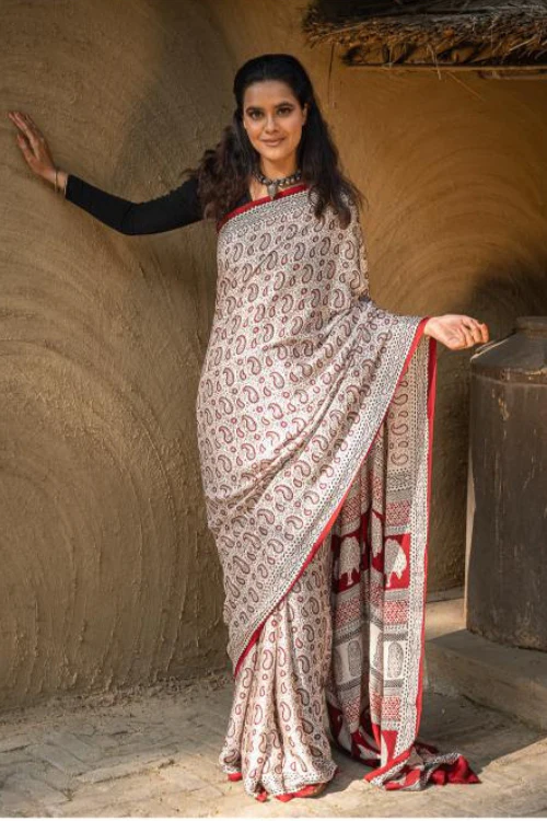 Exclusive Bagh Hand Block Printed Modal Satin Saree - White Paisleys