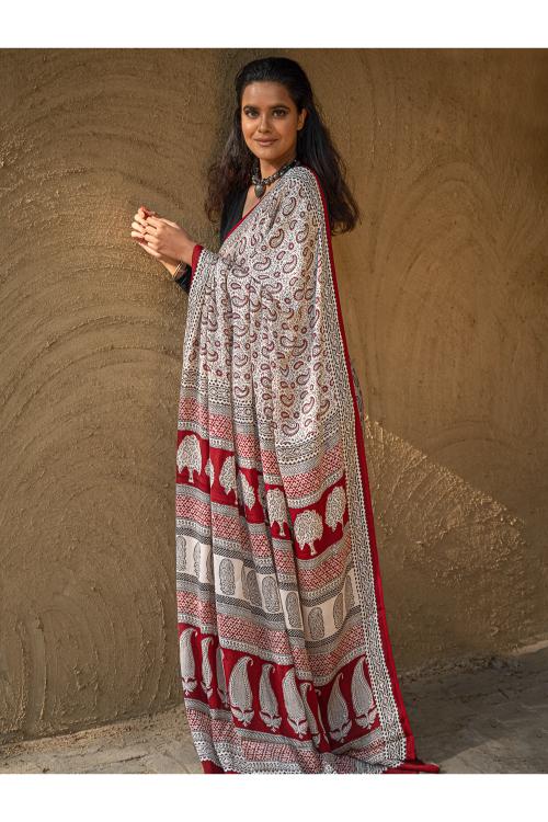 Exclusive Bagh Hand Block Printed Modal Satin Saree - White Paisleys - Image 3