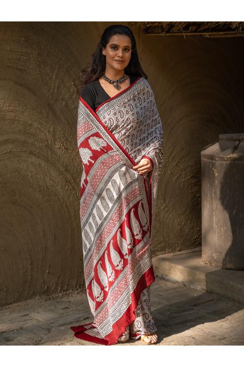 Exclusive Bagh Hand Block Printed Modal Satin Saree - White Paisleys - Image 6