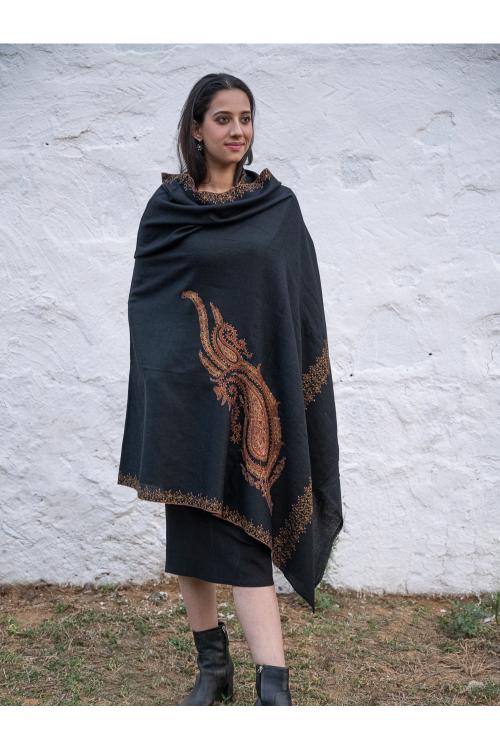 TICH Exclusive, Fine Hand Embroidered Kashmiri Shawl - Black Paisleys - Image 2