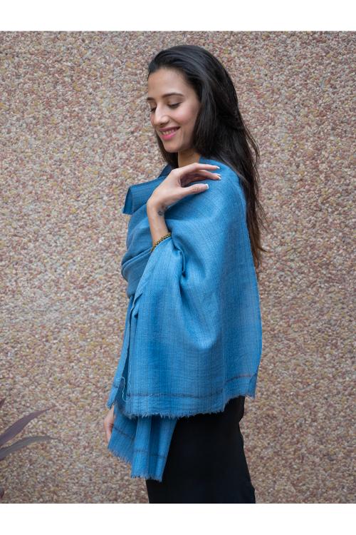 TICH Fine, Soft Himachal Wool Plain Stole - Warm Blue - Image 4