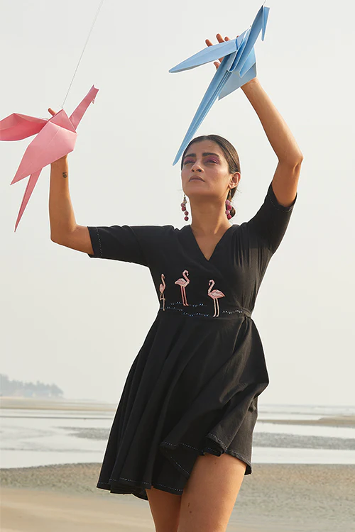 Okhai 'Flamingo Peace' Hand Embroidered Dress - Image 3
