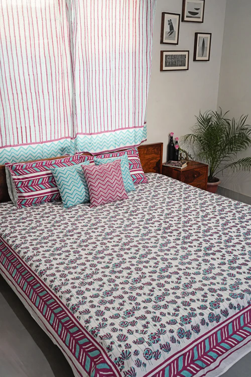 Sooti Syahi Floral Rhapsody Hand Block Printed Cotton Percale Bedsheet