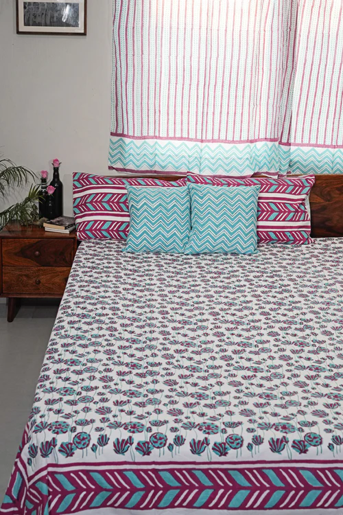 Sooti Syahi Floral Rhapsody Hand Block Printed Cotton Percale Bedsheet - Image 3