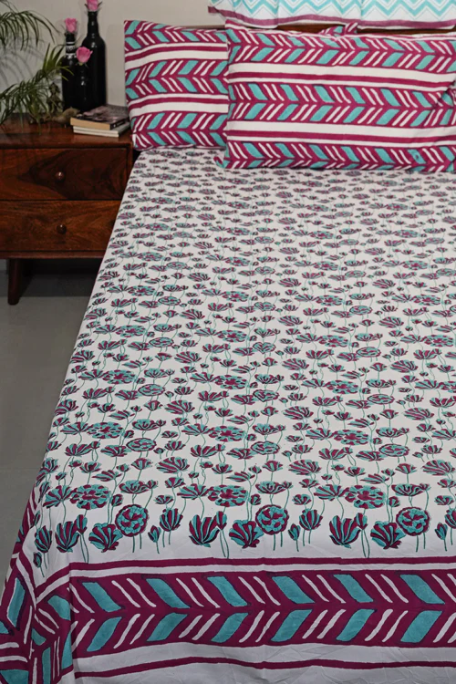 Sooti Syahi Floral Rhapsody Hand Block Printed Cotton Percale Bedsheet - Image 4