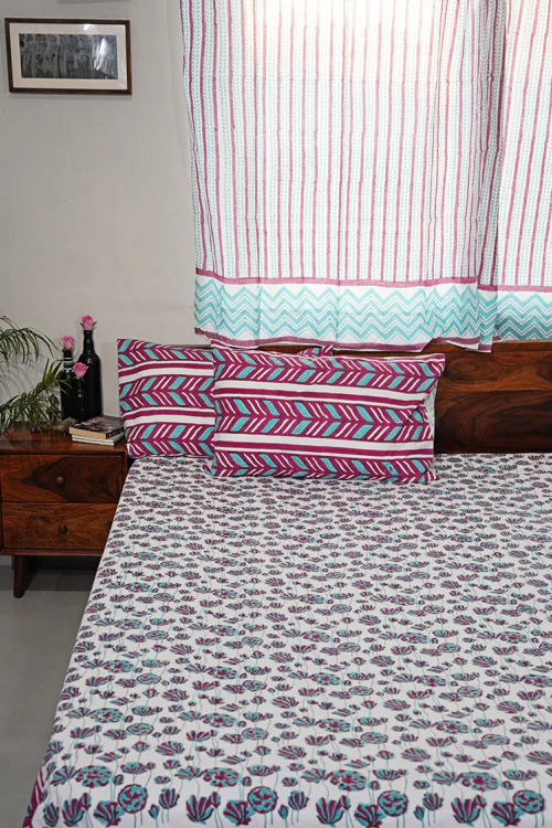 Sooti Syahi Floral Rhapsody Hand Block Printed Cotton Percale Bedsheet - Image 5