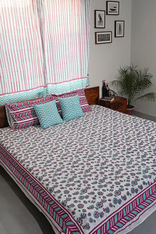 Sooti Syahi Floral Rhapsody Hand Block Printed Cotton Percale Bedsheet - Image 6