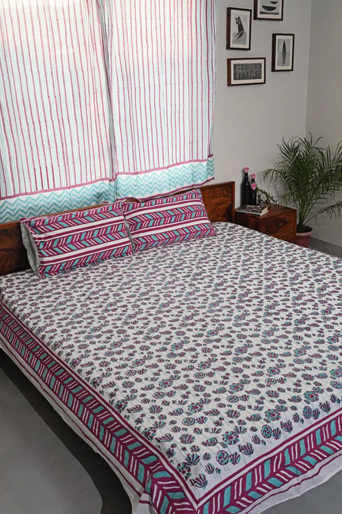 Sooti Syahi Floral Rhapsody Hand Block Printed Cotton Percale Bedsheet - Image 7
