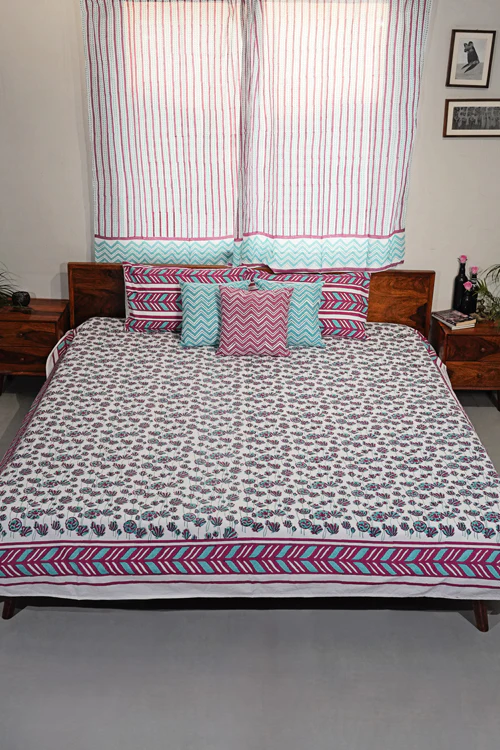 Sooti Syahi Floral Rhapsody Hand Block Printed Cotton Percale Bedsheet - Image 8