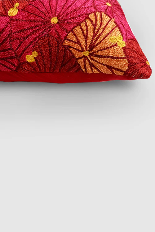 Zaina By Ctok Fronds Chainstitch Embroidered  Cushion Cover Red & Yellow - Image 4