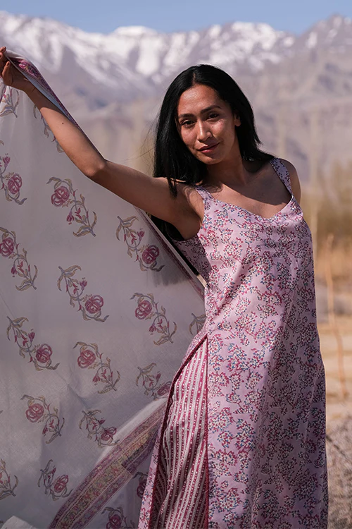 Okhai 'Frosted Rose' Hand Block Printed Kurta Pant Dupatta Set - Image 3