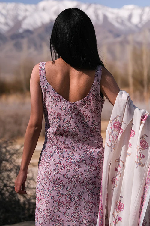 Okhai 'Frosted Rose' Hand Block Printed Kurta Pant Dupatta Set - Image 4