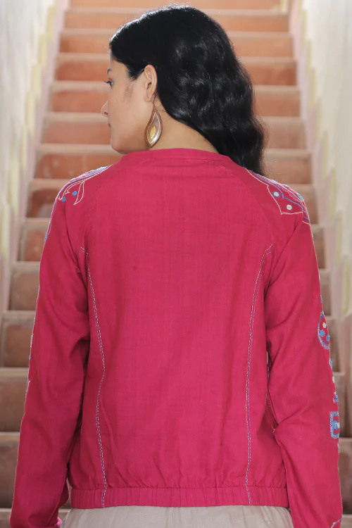 Okhai 'Fuchsia' Pure Cotton Hand Embroidered Mirror Work Bomber Jacket - Image 3