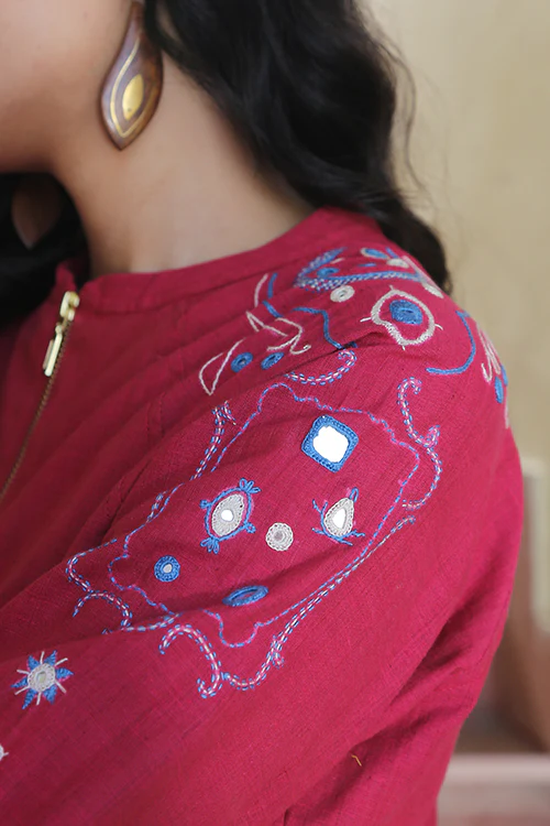 Okhai 'Fuchsia' Pure Cotton Hand Embroidered Mirror Work Bomber Jacket - Image 4