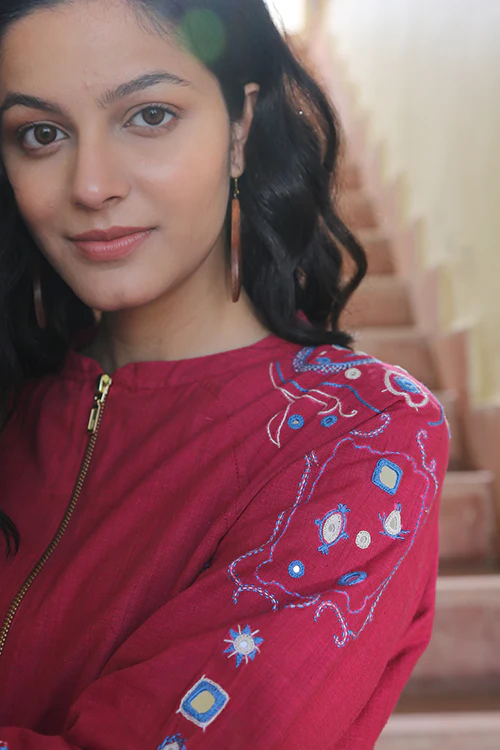 Okhai 'Fuchsia' Pure Cotton Hand Embroidered Mirror Work Bomber Jacket - Image 7