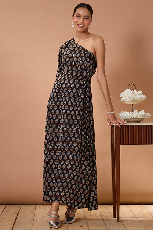 Okhai "Garnet Gypsy" Handblock Printed Modal Ajrakh One-Shoulder Dress - Image 10