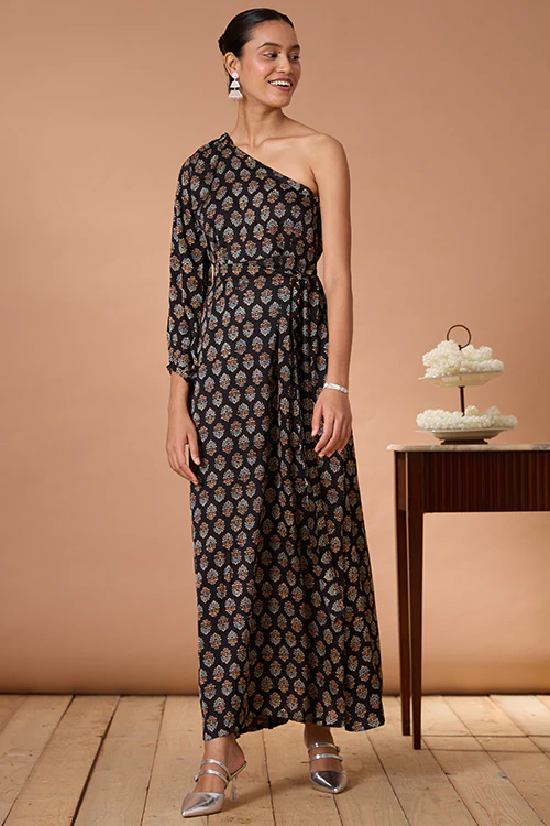Okhai "Garnet Gypsy" Handblock Printed Modal Ajrakh One-Shoulder Dress - Image 3