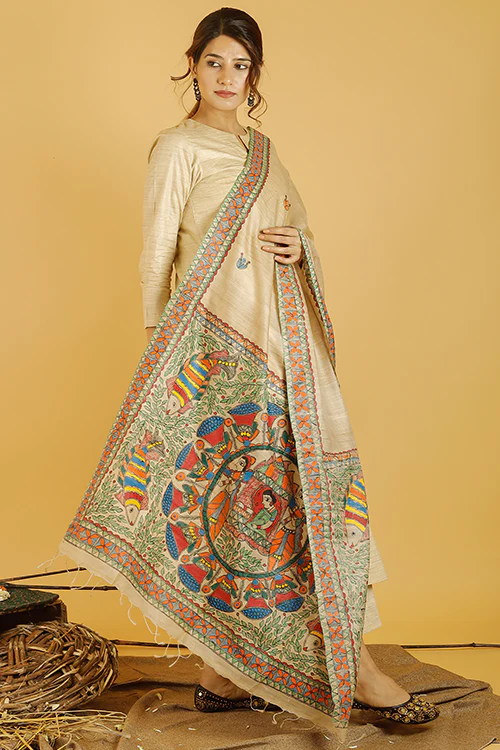 Madhubani Paints 'Gauna Doli' Madhubani Handpainted Pure Handwoven Tussar Silk Dupatta - Image 3