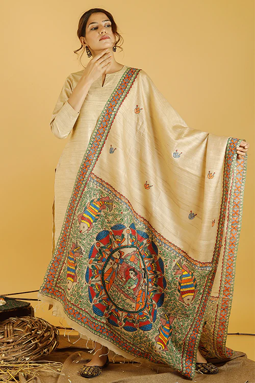 Madhubani Paints 'Gauna Doli' Madhubani Handpainted Pure Handwoven Tussar Silk Dupatta - Image 4