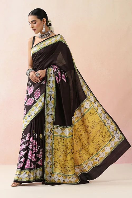 GC 'Bloom' Handwoven Hand Batik Pure Silk with SilkMark Black Saree - Image 3