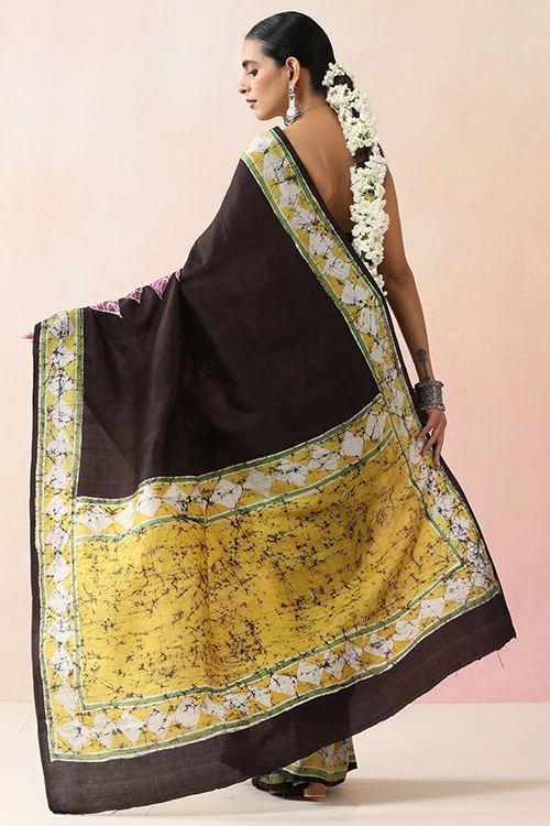 GC 'Bloom' Handwoven Hand Batik Pure Silk with SilkMark Black Saree - Image 4