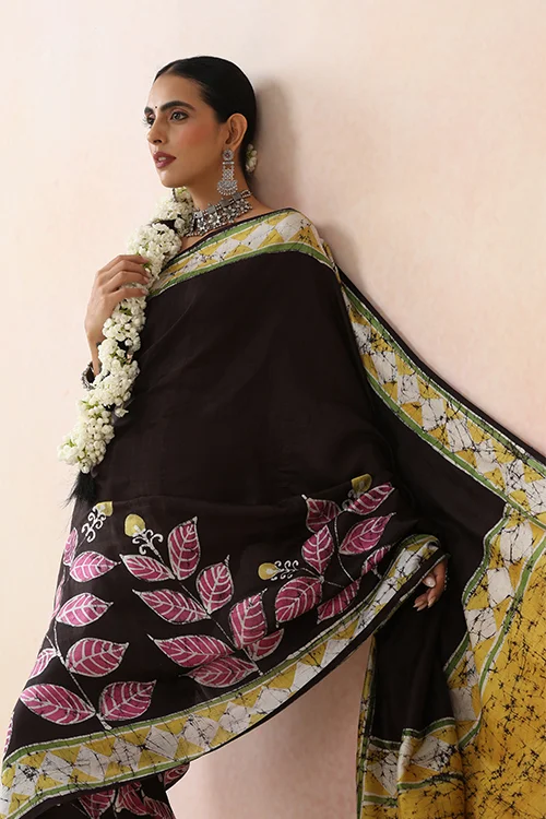 GC 'Bloom' Handwoven Hand Batik Pure Silk with SilkMark Black Saree - Image 5
